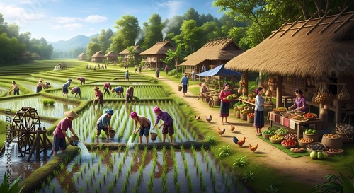 People working in a rural village with rice fields and wooden houses