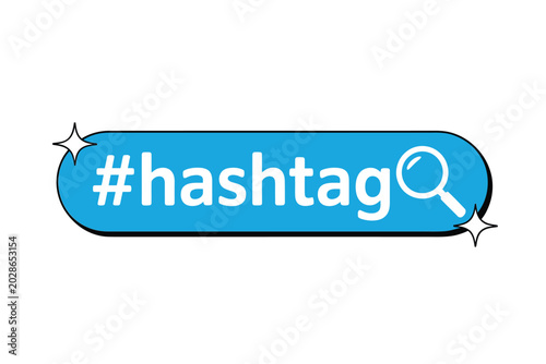 Hashtag search button icon with magnifying glass bright blue