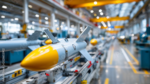 Precision manufacturing of military drones, engineers are mounting military drone missiles, with a clean and bright modern production line in the background. Close up,, stock photo