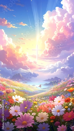 A vibrant floral landscape with a radiant sun shining through colorful clouds