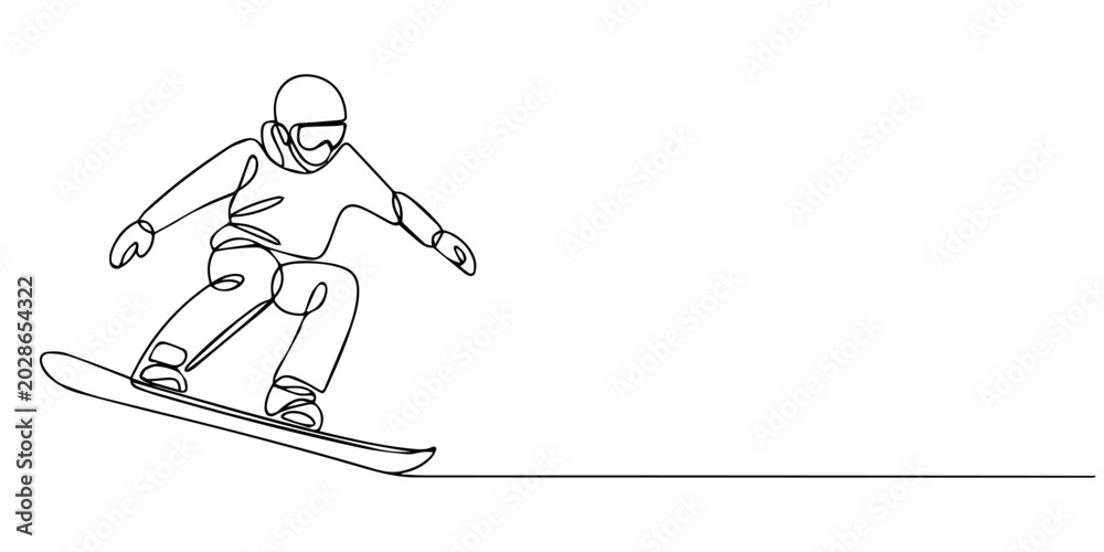 Fototapeta premium Snowboarder performing a jump in the air in minimal continuous line art illustration with white background, A minimalist single line drawing of an active person performing a snowboard jump on snowy on