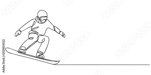 Foto Snowboarder performing a jump in the air in minimal continuous line art illustra