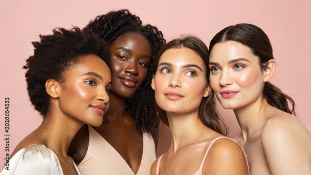 Obraz premium Four diverse women with radiant skin pose together against a soft pink background, showcasing beauty and confidence.