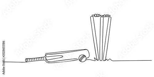Foto cricket bat, stumps, bails, and ball isolated continuous one line drawing, Wooden cricket gear or equipment for match