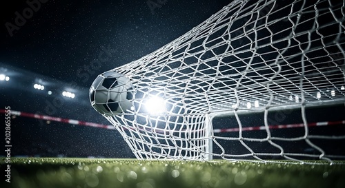 Soccer ball hitting the goal net during a night match in a stadium