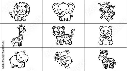 Canvas Print Cute Safari Wild Animal Cartoon Outline Icon Set for Kids Coloring Book and Kawa