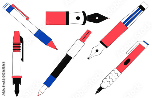 Minimalist vector illustration set of various writing pens and fountain pens.