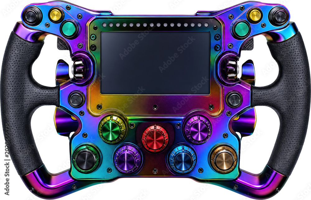 Fototapeta premium Neochrome racing steering wheel isolated on transparent background