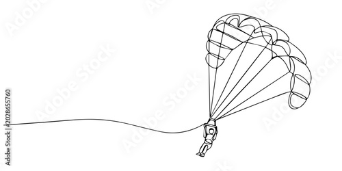Foto rave person is paragliding, suspended high beneath fully inflated chute continuous line drawing, flying low over a slope, thrill and airborne freedom