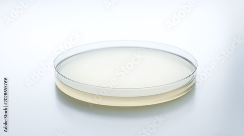 Transparent petri dish with liquid on white surface background