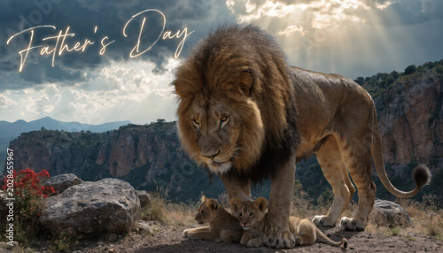 Majestic lion with cubs father's day greeting african wildlife scene