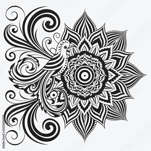 ntricate Mandala Bird and Floral Ornament Black White Vector