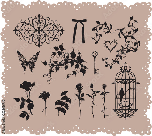 Dark Gothic Floral and Bird Clipart Collection