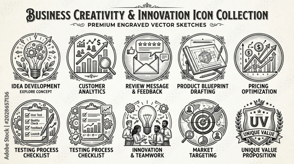 Fototapeta premium Business Creativity and Innovation Icon Collection.