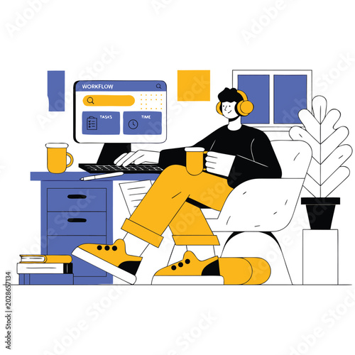 Modern Minimalist Workspace Flat Vector Illustration with Creative Freelancer Character