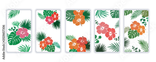Colorful Tropical Flower and Palm Leaves Vector Background Design