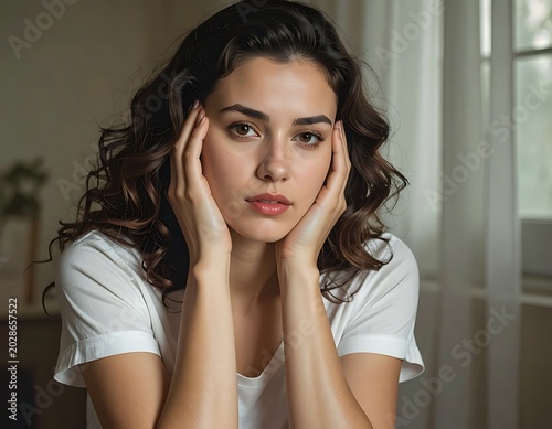 A young woman with dark hair and a white shirt looks directly at the camera