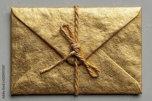 Golden envelope tied with twine on textured background