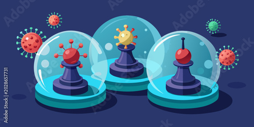 3d scene of Social distancing concept with chess pieces in glass bubbles distant from each other. 3D coronavirus cove 19 models around yellow ... See More.vector
