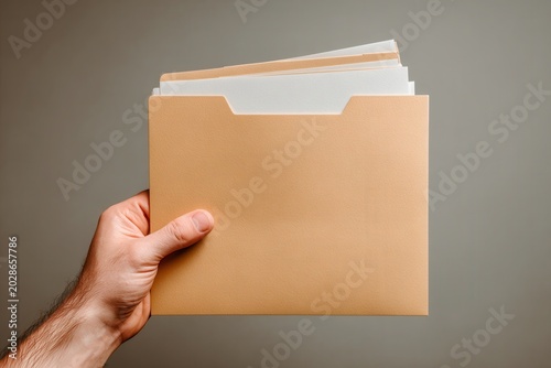 Hand holding manila folder with documents in studio lighting