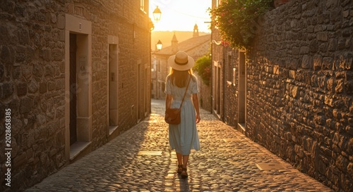 Woman walks alone down a historic cobblestone street at sunset wearing a hat.