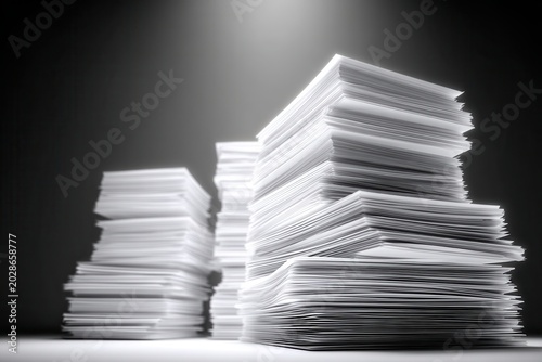 Stacks of paper documents in dramatic studio lighting