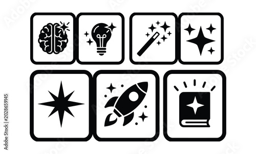 Black and white icons for creativity and innovation concepts