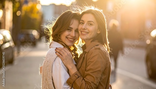 Two women hug on a sunny city street