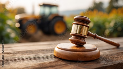 Gavel rests on wooden surface with tractor in the background during a farm meeting in rural setting