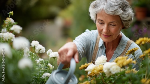 Woman waters flowers in garden during daylight hours in a lush outdoor setting