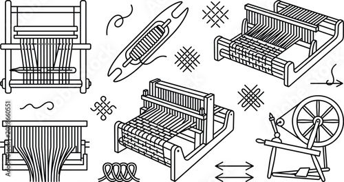 Foto Weaving Loom Vector Icon Set with Spinning Wheel Shuttle Warp Threads and Textil