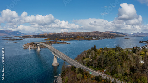 Photography Skye Bridge on the Isle of Skye in Scotland, UK, aerial view of the iconic bridge crossing the sea loch with dramatic Highland landscape and coastal scenery