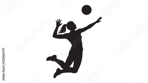 Schilderij op canvas Volleyball player silhouette spiking the ball in midair jump on plain background