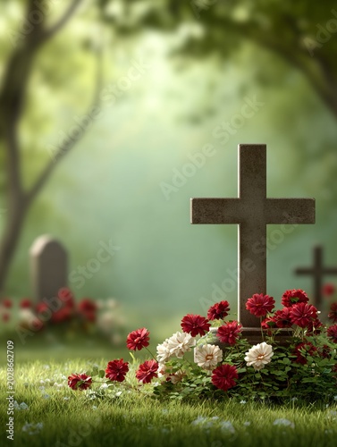 Peaceful Cemetery Cross with Red and White Flowers