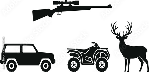 Foto Hunting adventure vector silhouette set featuring sniper rifle scope offroad suv