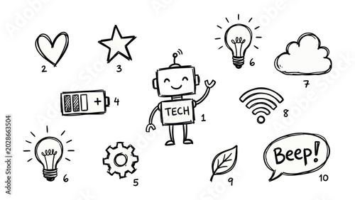 Bild auf Leinwand Doodle Elements: A collection of hand-drawn icons representing technology and creativity, including a robot, lightbulbs, a battery, wifi symbol, gear, cloud, leaf, heart, star