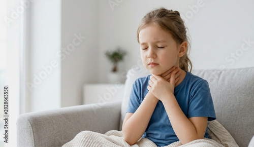Sick little girl holding her throat 