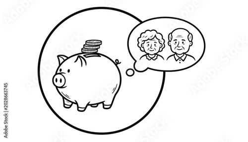 Bild auf Leinwand Piggy bank with coins thinking about retirement and elderly couple