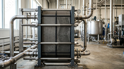 Stainless plate heat exchanger pasteurizer with gasketed plates compressed in a frame inside a beverage processing plant during a routine production run
