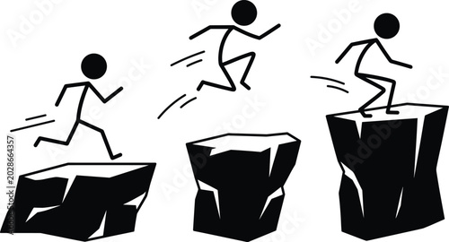 Foto Black silhouette illustration of stick figures running, jumping, and landing acr
