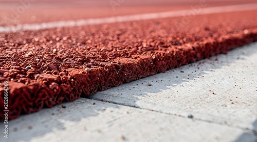 Close-up view of a textured red running track surface with white line and concrete.