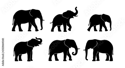 Bild auf Leinwand Elephant Silhouettes Collection, African Wildlife Vector Icons, Safari Animal Gr