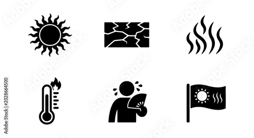 Heatwave Icons: Sun, Cracked Earth, Thermometer, Person Sweating, Heat Waves, Flag
