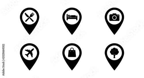 Location Pin Icons: Food, Hotel, Camera, Plane, Shopping, Tree, Navigation Markers