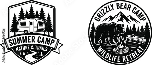 Photos Vintage outdoor adventure emblem set featuring grunge summer camp shield with ca