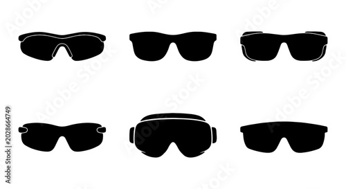 Six Black Silhouette Sunglasses and Goggles Vector Icons, Eye Protection Styles