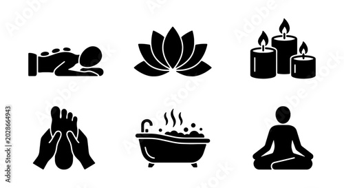 Spa and Wellness Icons: Massage, Lotus, Candles, Foot Reflexology, Bath, Meditation