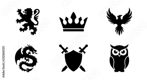Photos Mythical Creatures and Symbols Vector Icons: Lion, Dragon, Phoenix, Owl, Crown,