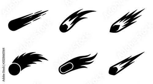Fotografie Six Black Meteor Icons, Space Comets, Falling Stars, Cosmic Objects, Celestial B