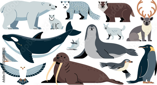 Fotografía Arctic and Antarctic polar wildlife animals collection vector flat geometric sty